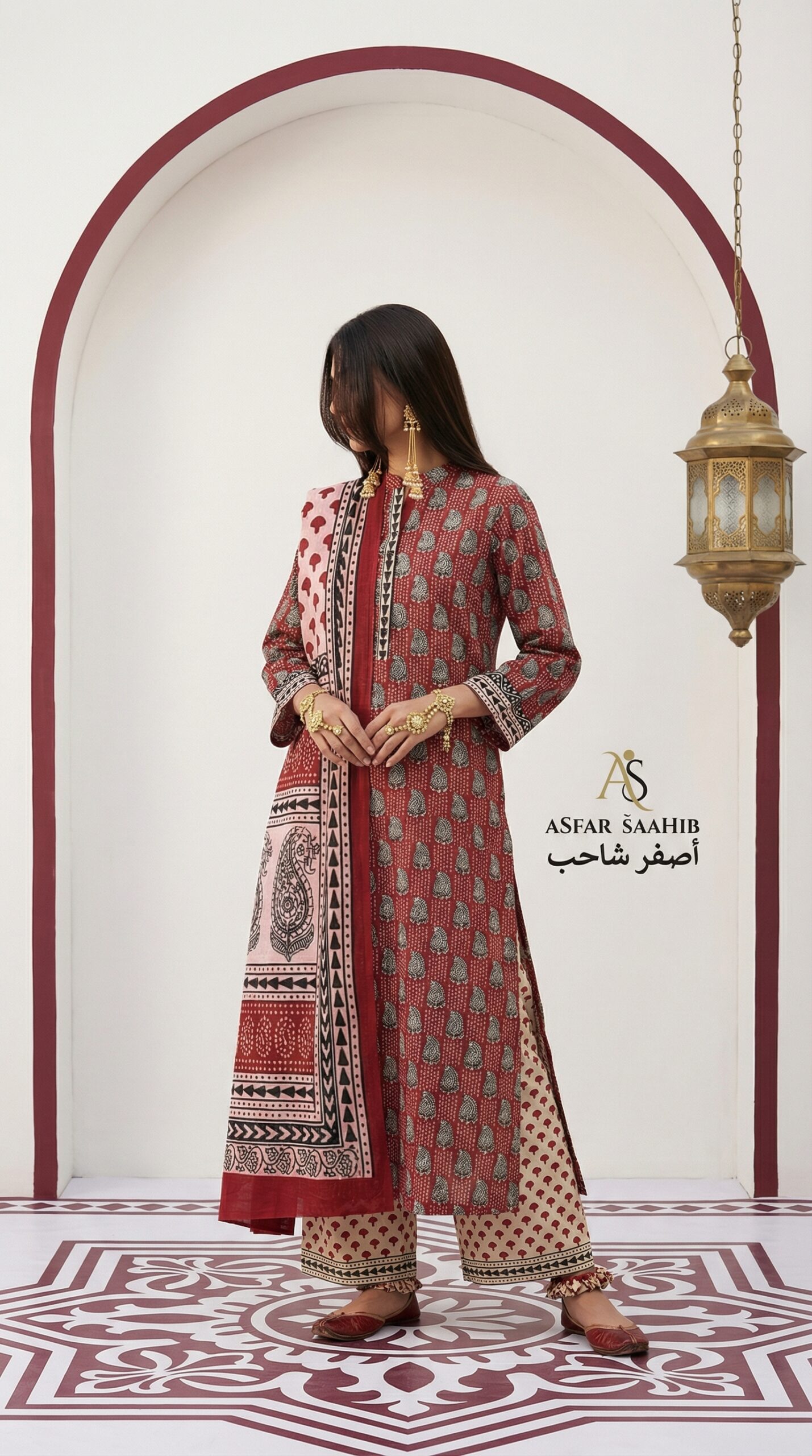 Maroon Red & White Pure Cotton Dress | Asfar Collection - Image 2