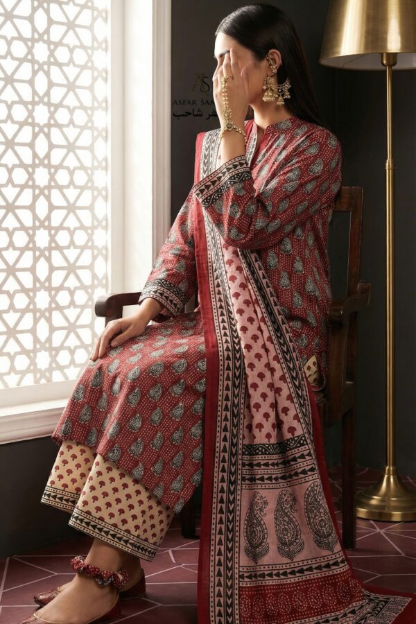 Maroon Red & White Pure Cotton Dress | Asfar Collection
