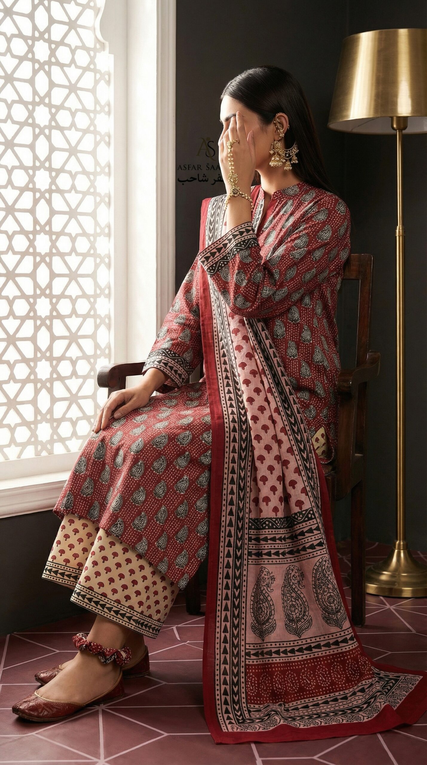 Maroon Red & White Pure Cotton Dress | Asfar Collection